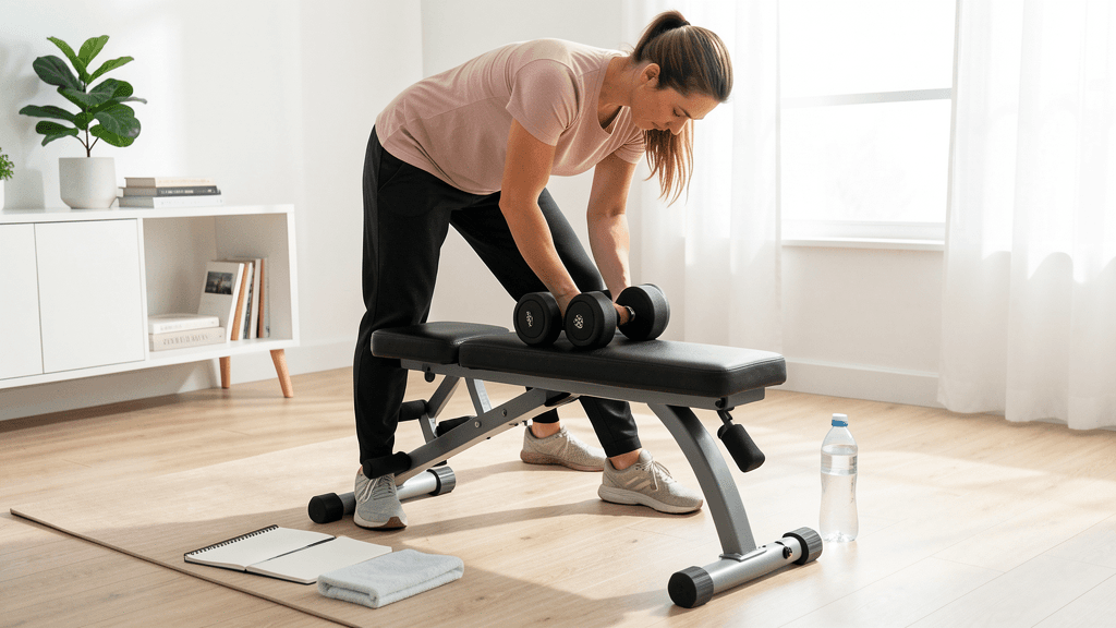 Adjustable dumbbells, bench, mat, and notebook arranged for planning a home strength program