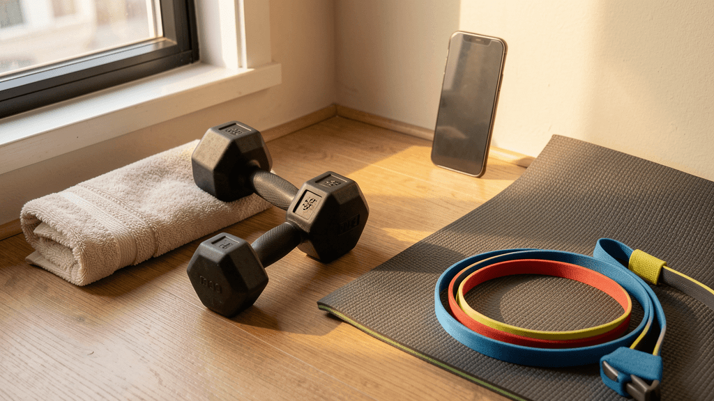 Phone face-down beside dumbbells, bands, towel, and mat in a compact app-guided training corner