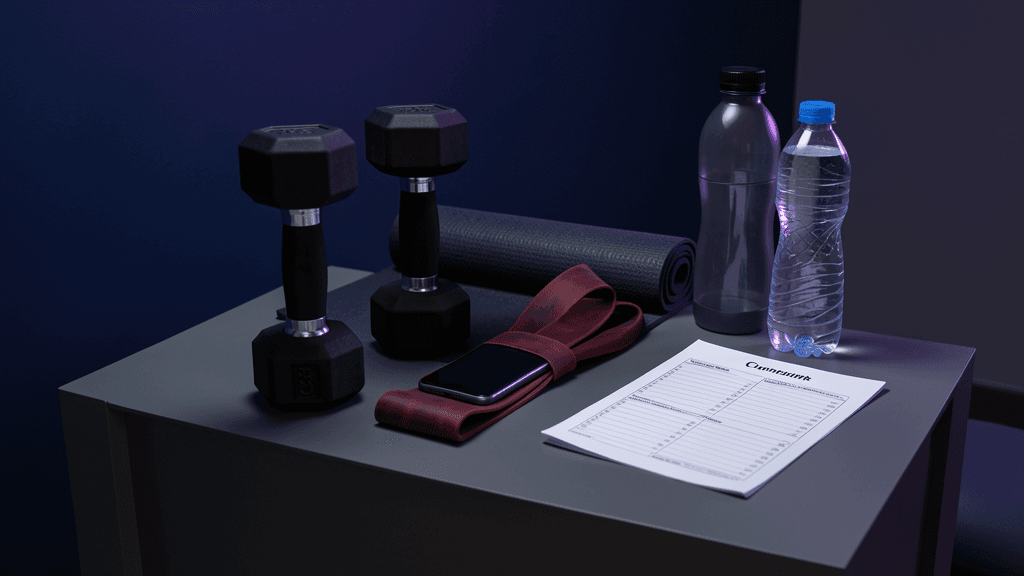 App-guided strength training setup with dumbbells, bands, mat, phone, and a weekly plan in a compact home gym