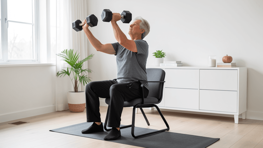 Chair-supported home strength workout setup with dumbbells and a mat