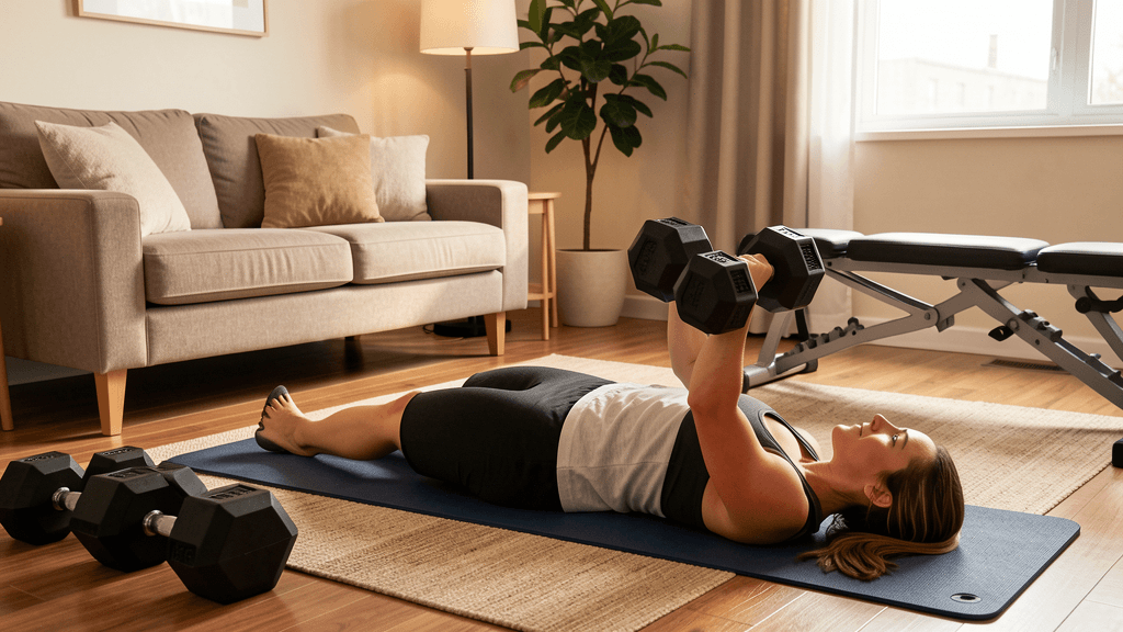 Dumbbell floor press setup in a warm home workout space