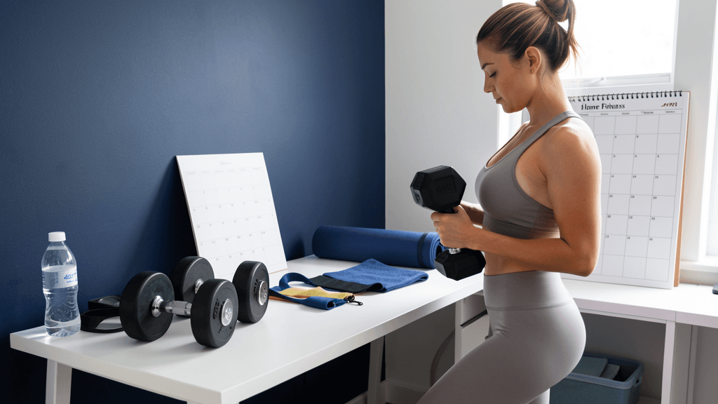 Dumbbells, a notebook, and home workout planning gear arranged on a compact home gym floor