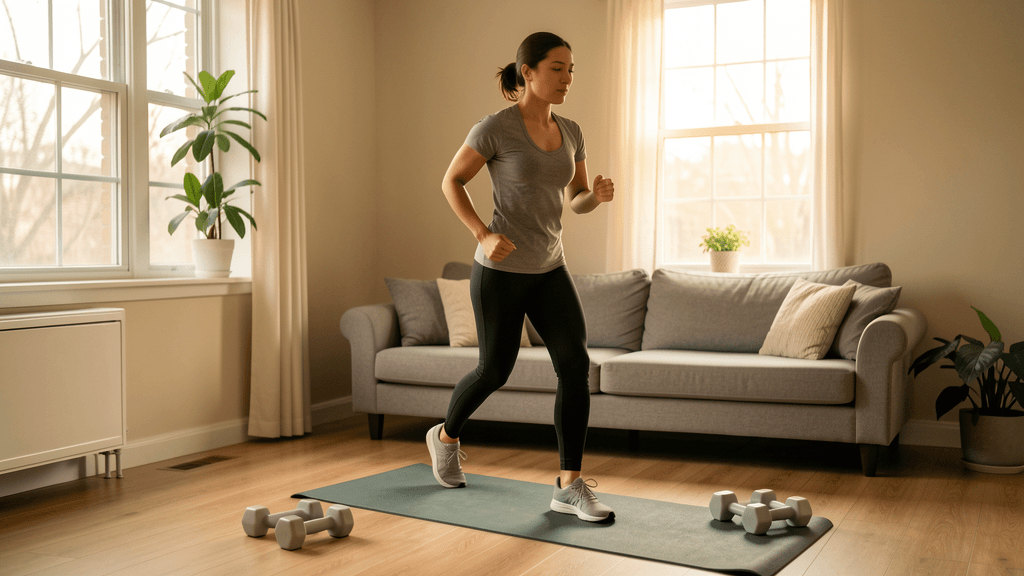 Low-impact home workout setup with a controlled step movement and light equipment