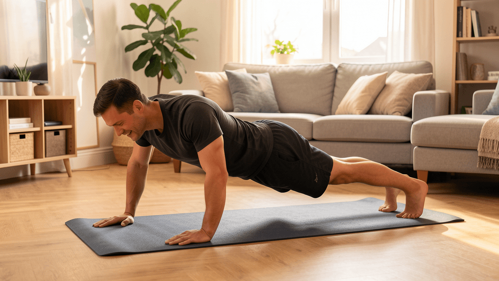 No-equipment bodyweight workout setup in a tidy home training space