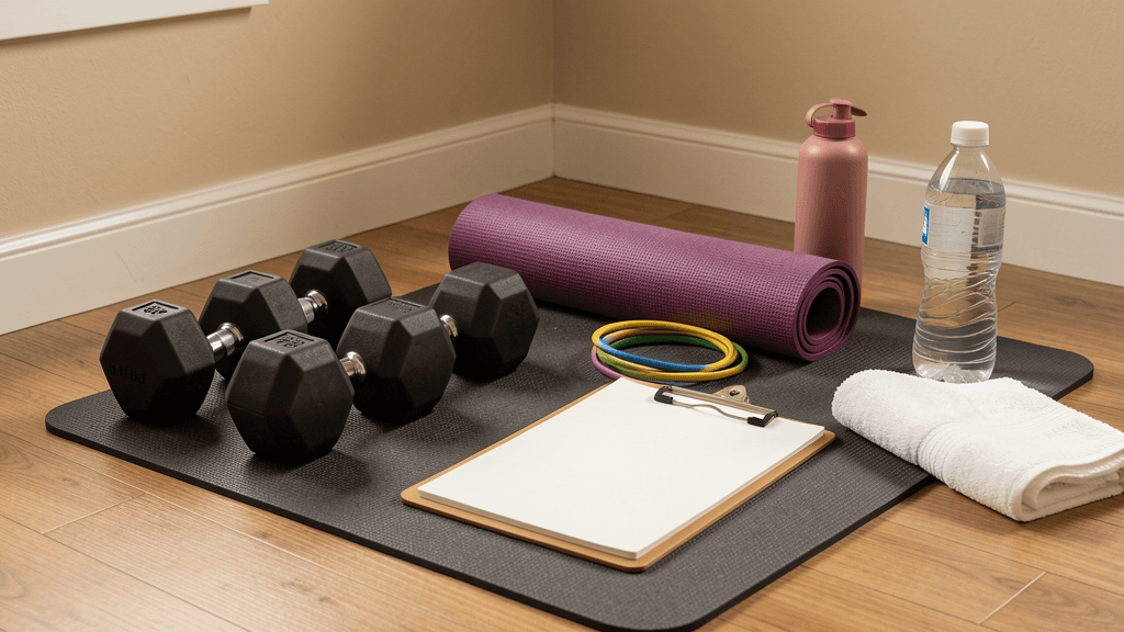 Dumbbells, resistance bands, towel, and mat arranged for comparing home workout program requirements