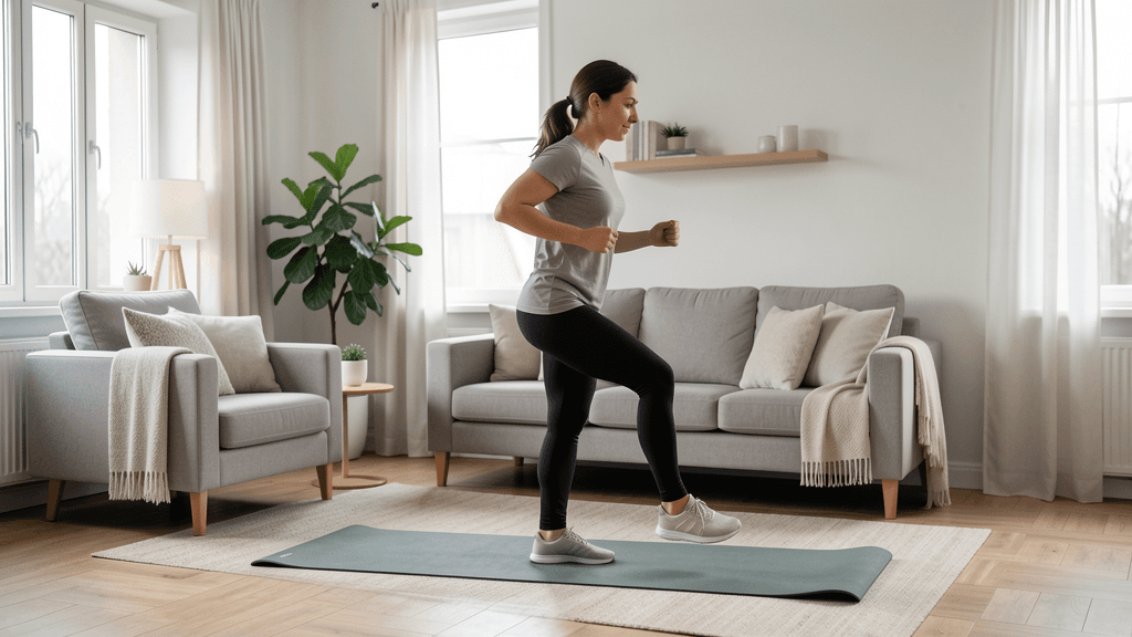 Quiet low-impact cardio movement in an apartment workout space