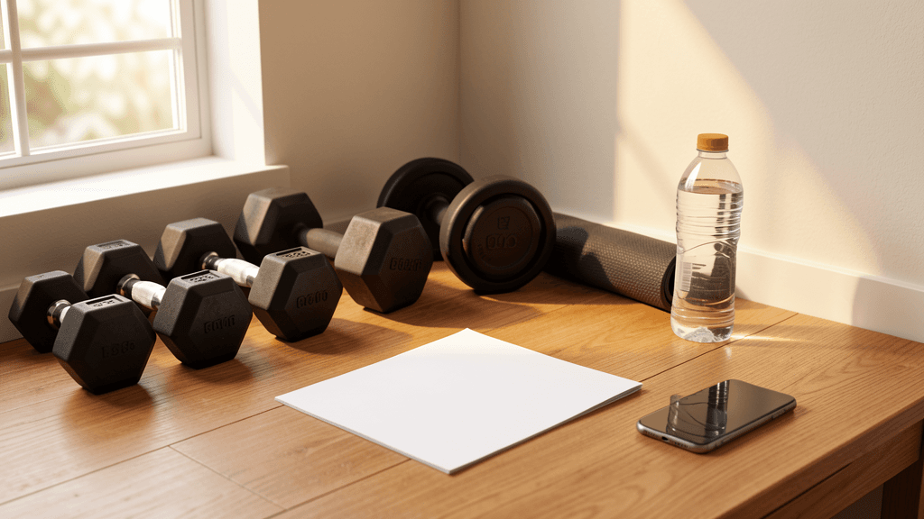 Remote coaching workout setup with dumbbells, phone face-down, water bottle, and blank plan sheet