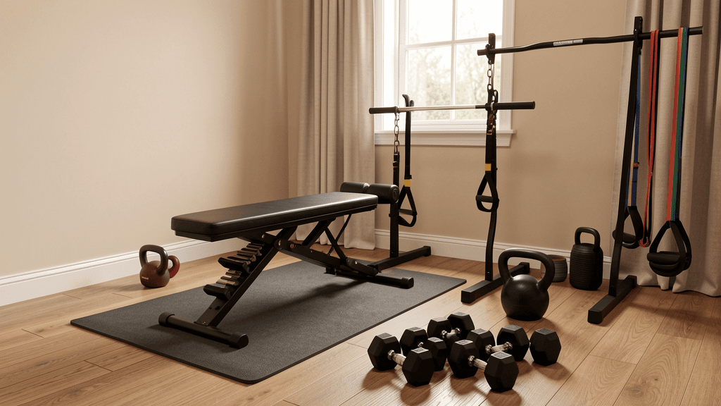 Illustrated compact home gym layout with mat, adjustable dumbbells, bands, bench, storage shelf, and clear floor zone